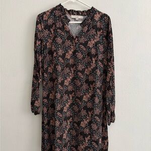 LOFT Long Sleeve Black Brown Floral Print Dress